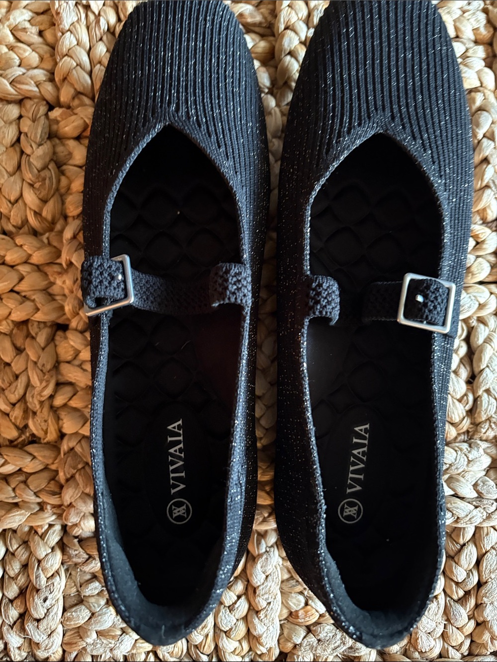 VIVAIA Black Sparkle Mary Jane Flats with Buckle Strap-size 39